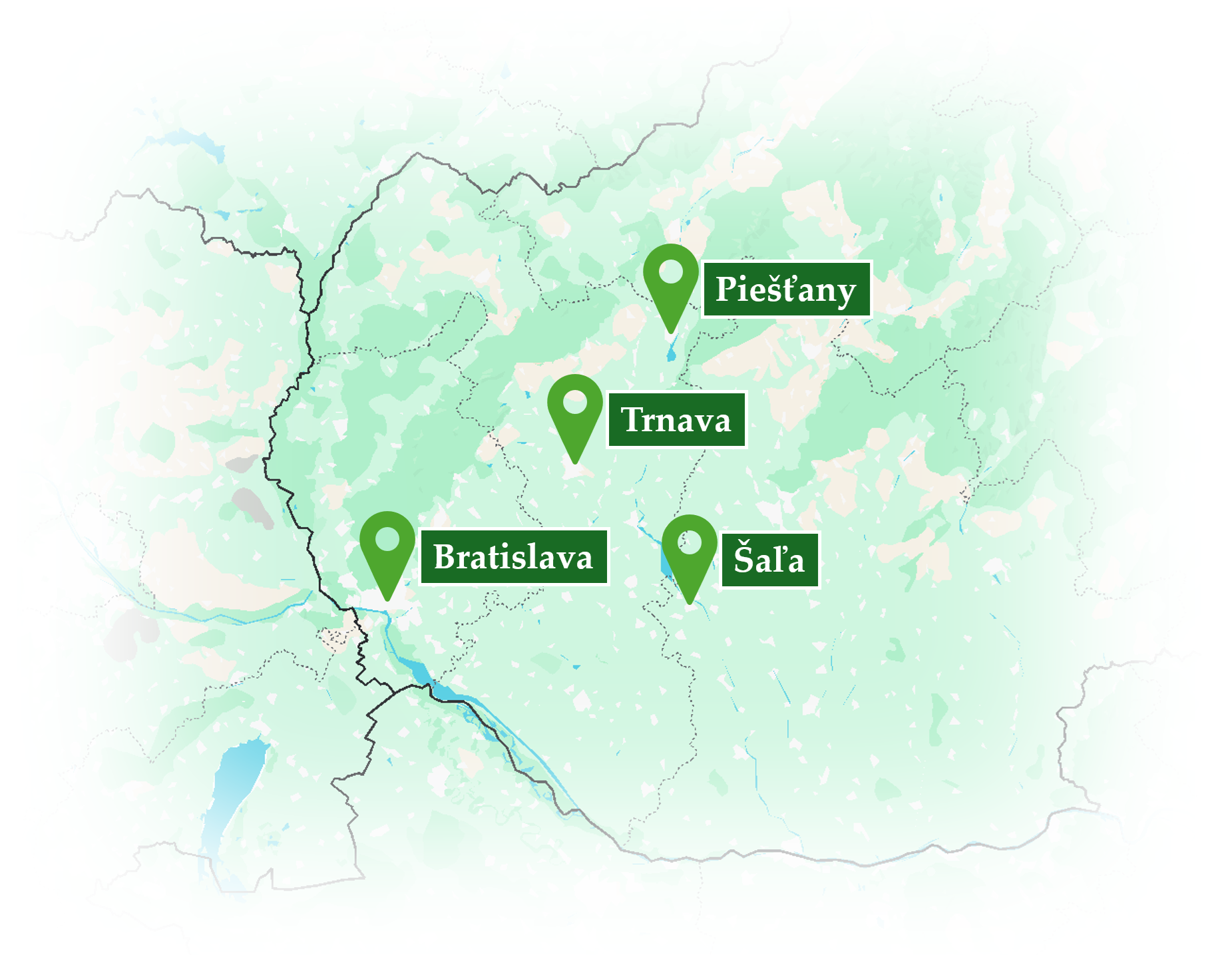 Mapa s označením: Bratislava, Trnava, Piešťany, Šaľa